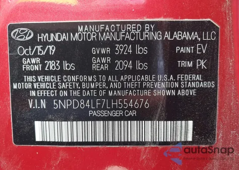 2020 Hyundai Elantra Sel z USA, uszkodzony, nr VIN 5NPD84LF7LH554676